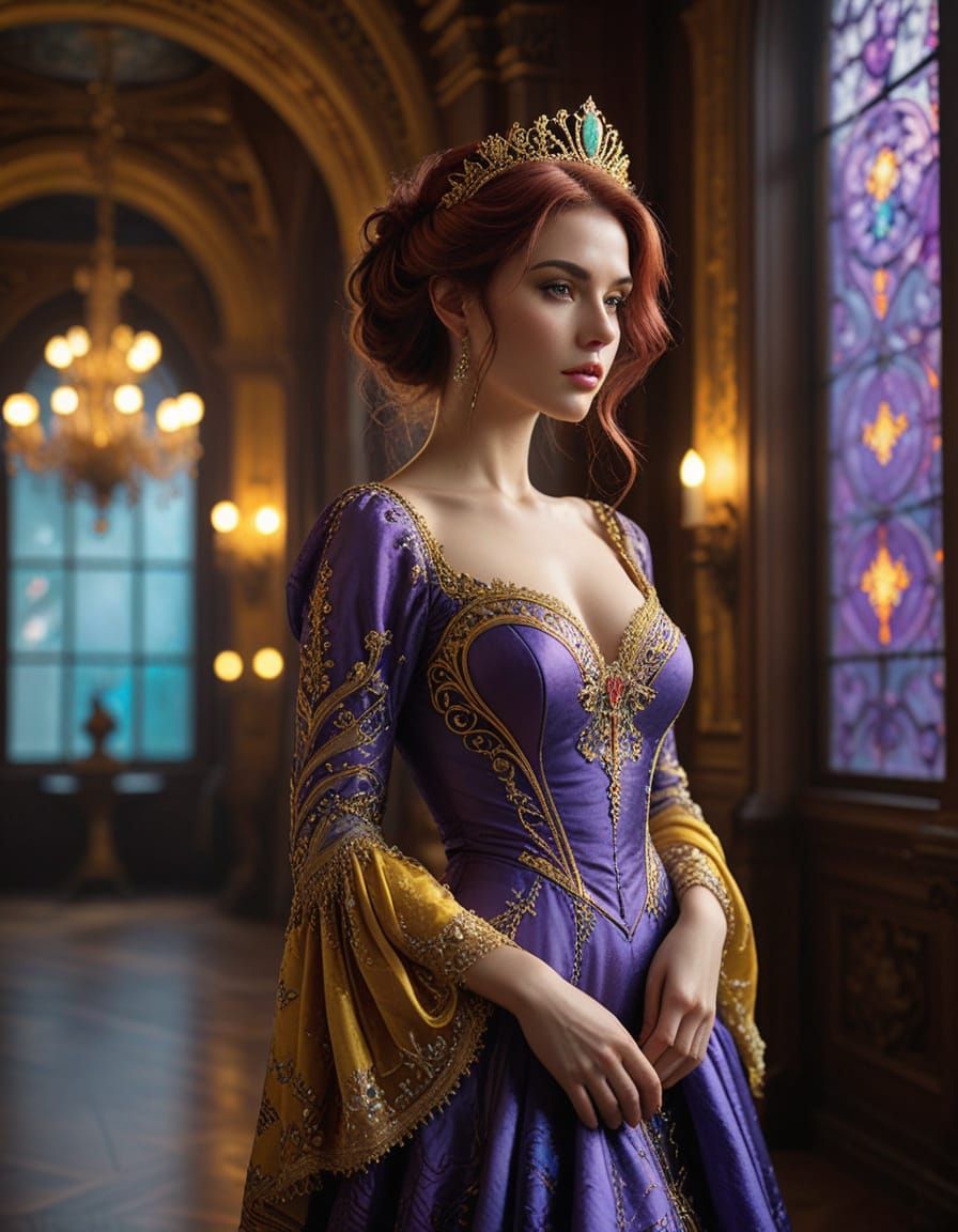 A graceful woman stands poised in a lavishly decorated ballr...