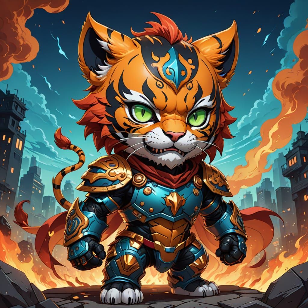 Majestic Chibi Hell Tiger with Fiery Mane and Piercing Eyes