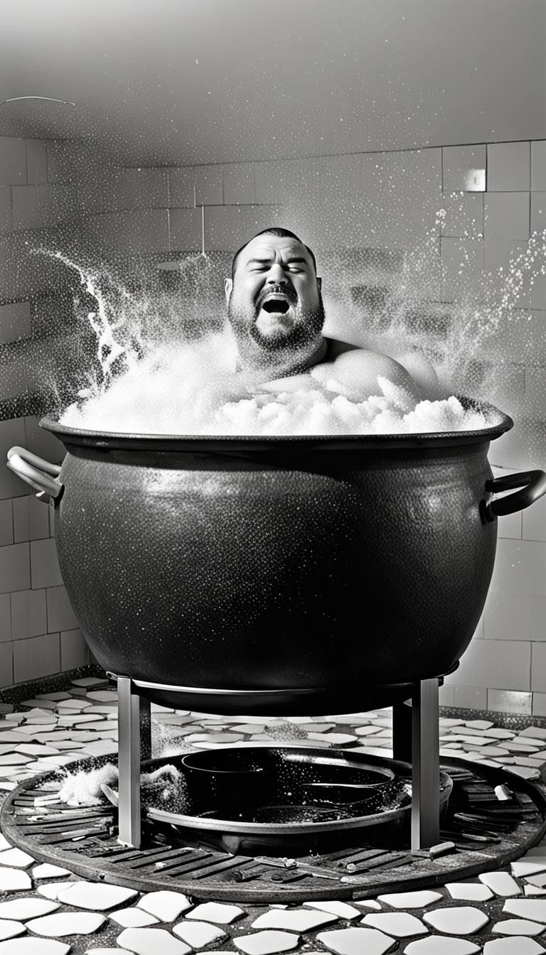 Men fat and in a giant pot