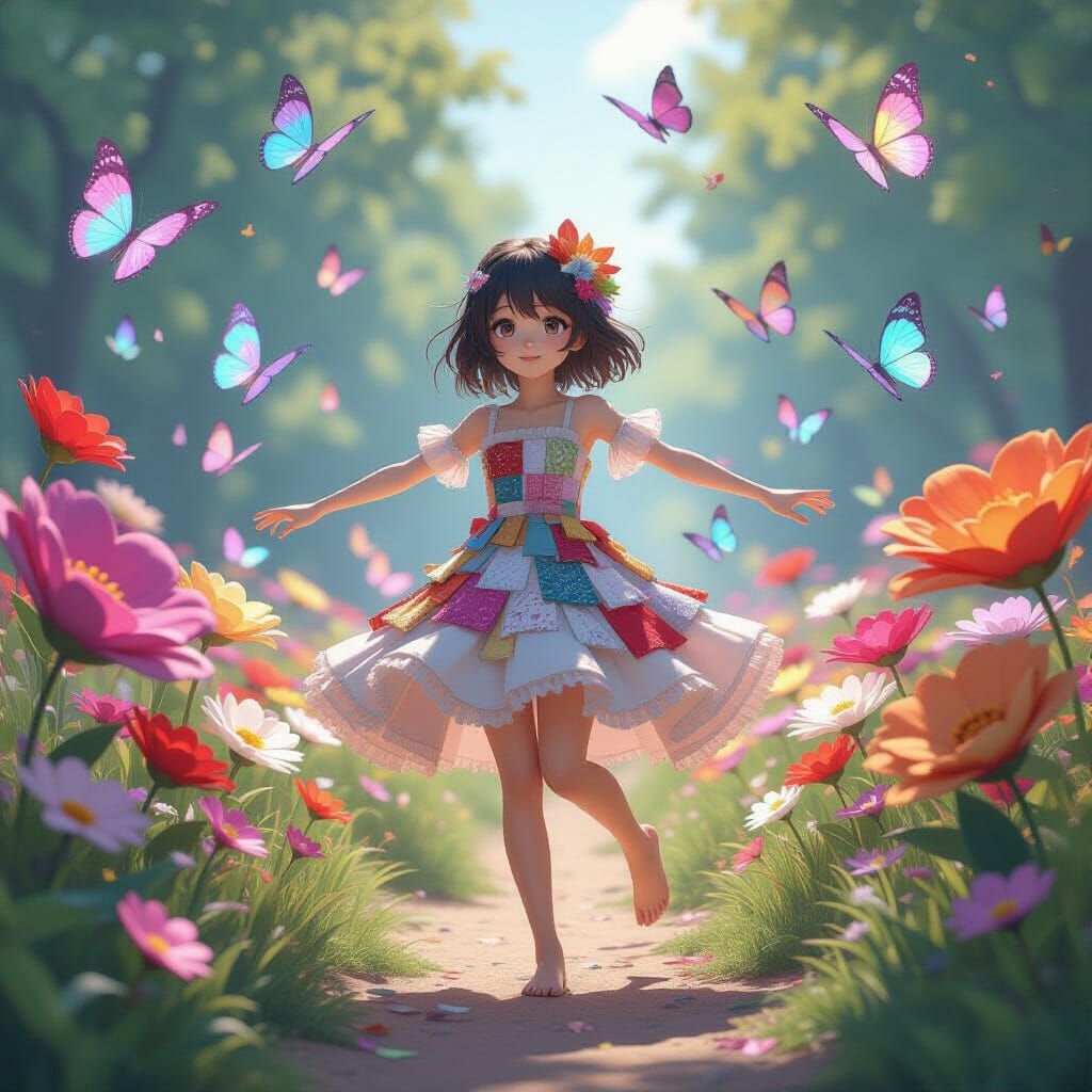 Whimsical Girl Dancing in Patchwork Dress Amidst Butterflies