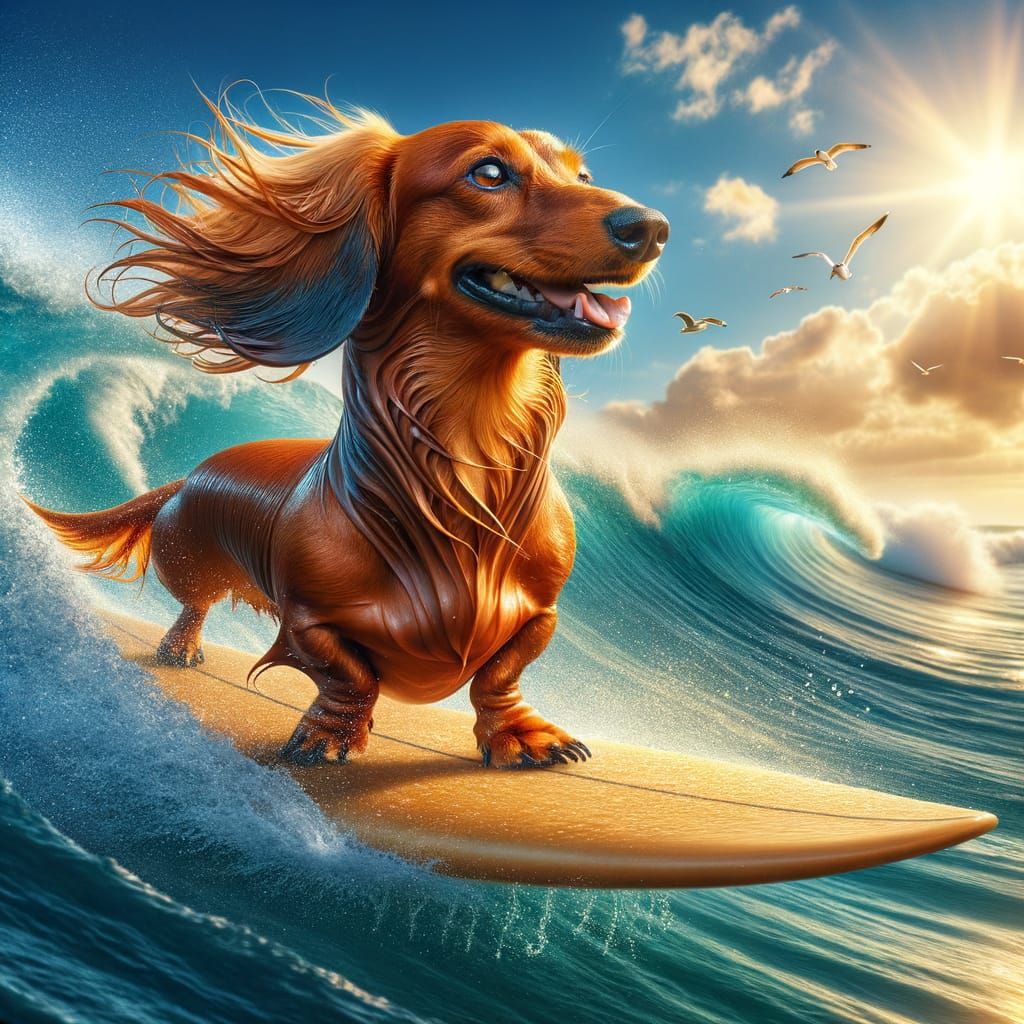 Dachshund Dog Surfing a Radiant Ocean Wave