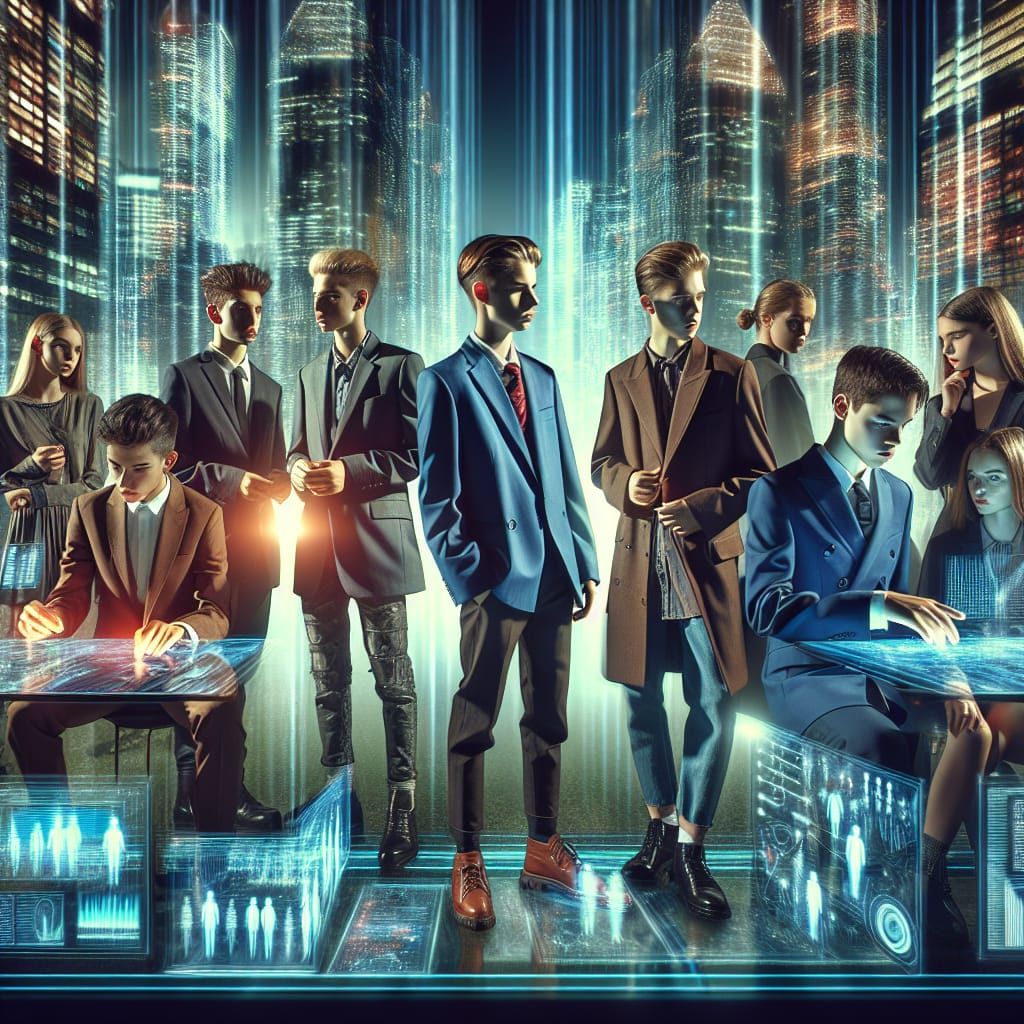 Teenage Business Tycoons in a Matrix-Style Cityscape