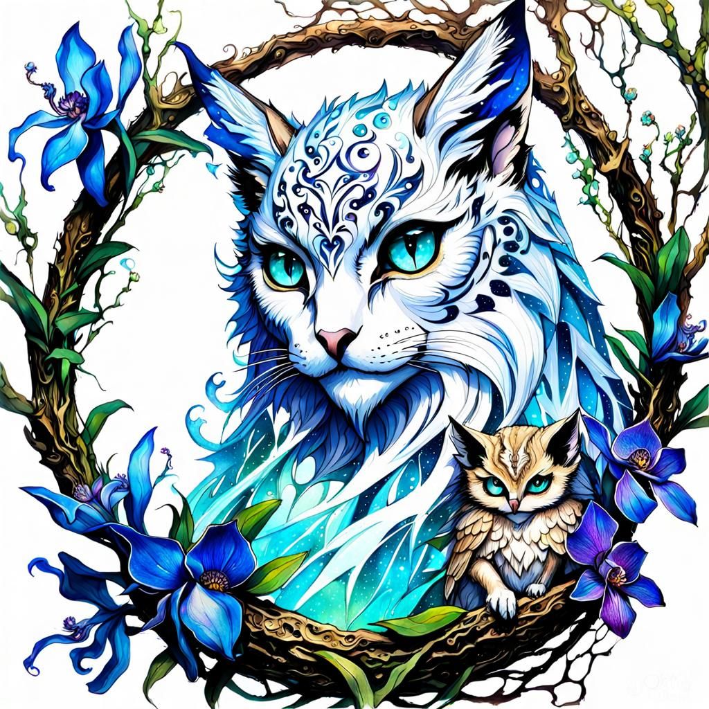 Elven Nymph with Owl Lynx Kitten in Filigree
