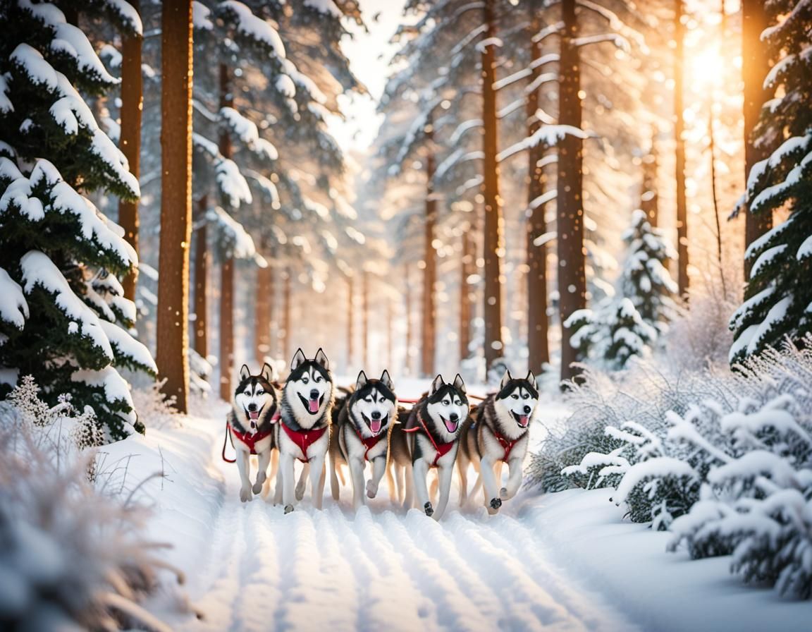 Surreal Winter Husky Sled Team in Festive Forest