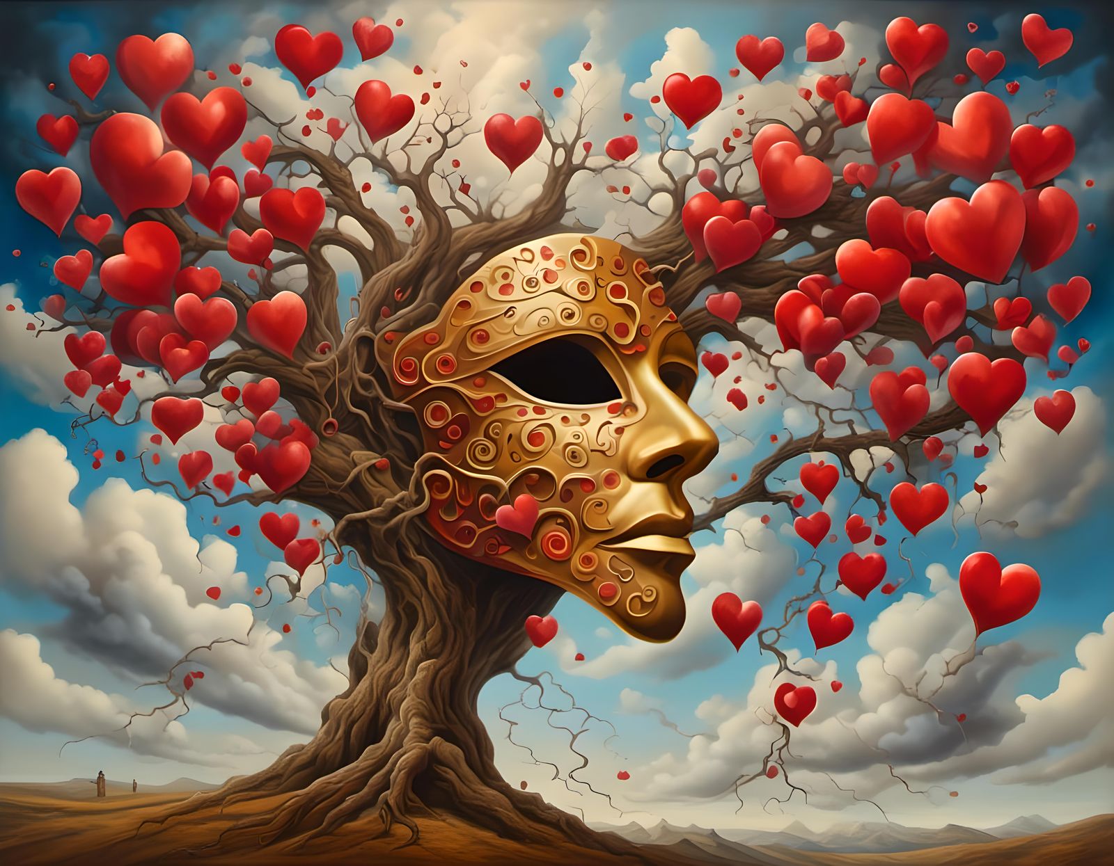 Surreal Mask Fused with Nature in Oil Painting