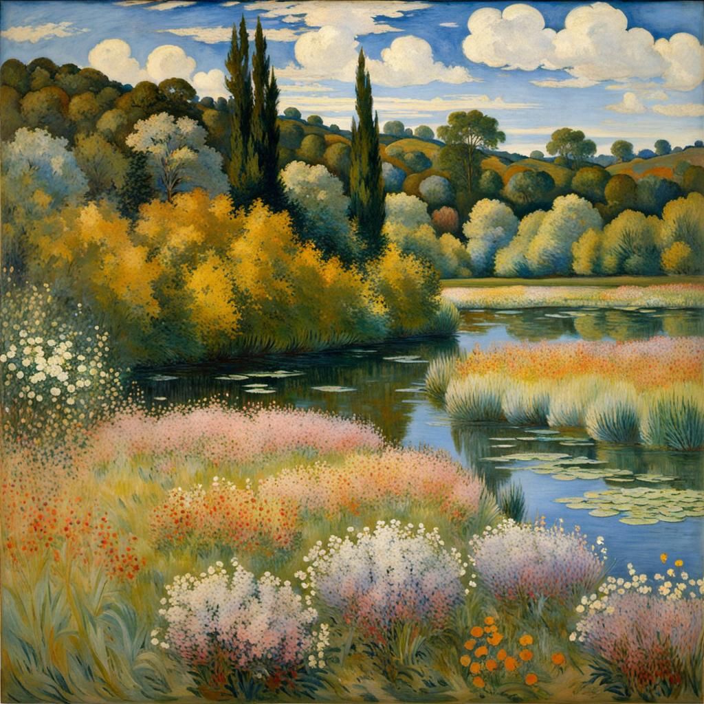 Idyllic Landscape Inspired by Textile Art and Impressionism