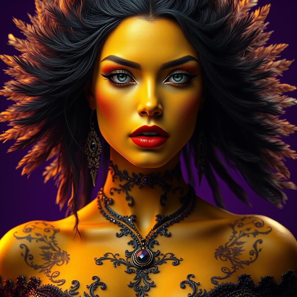 Golden Woman with Feather Hair, Dark Fantasy Art