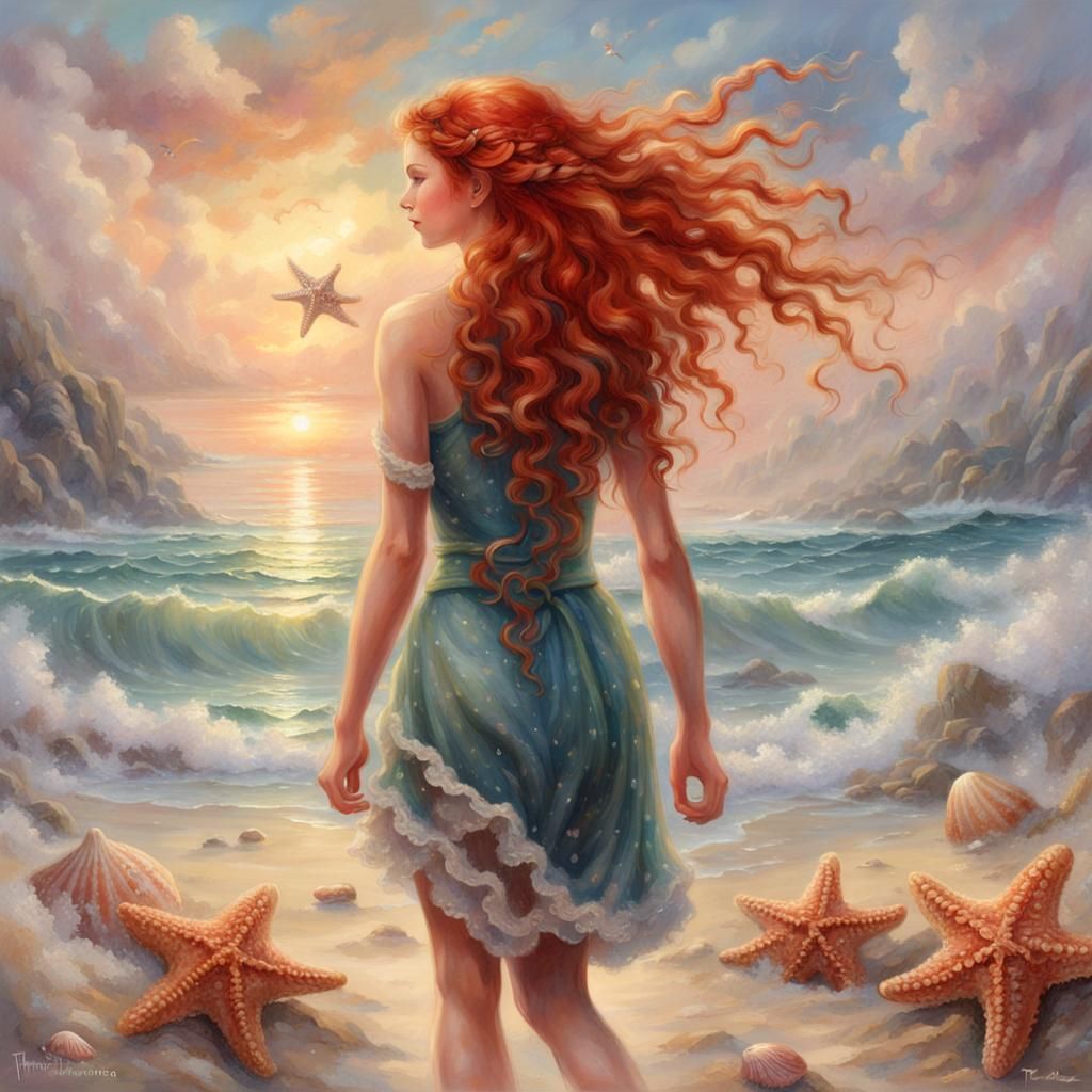 Ethereal Beach Scene: Redhead Girl with Seashells