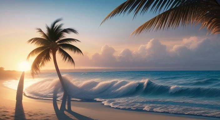 Tropical Beach with Palm Tree in Hyperrealistic Style