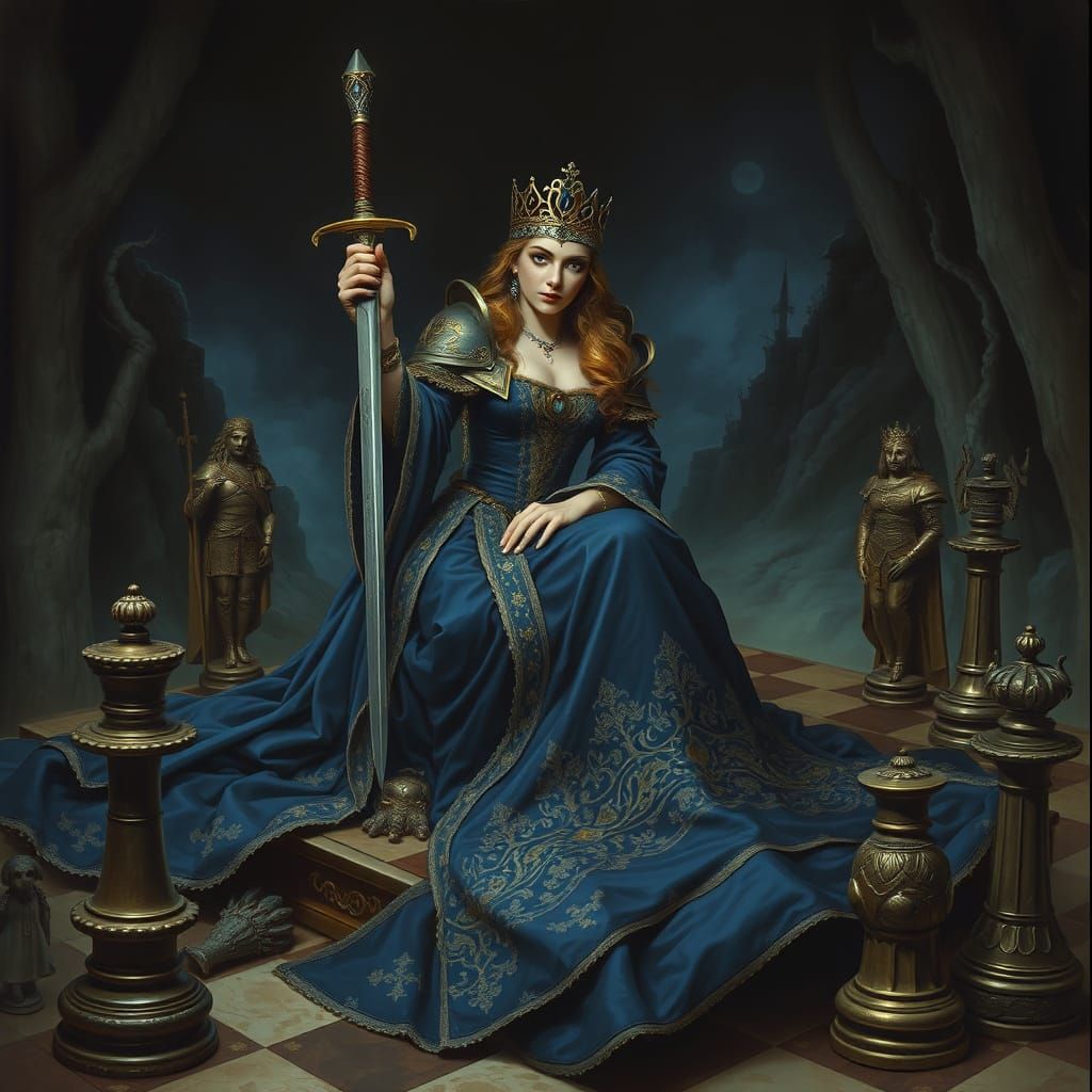 Medieval Princess with Sword on Chessboard