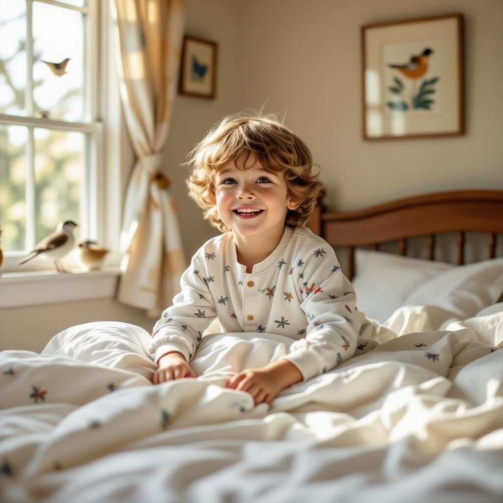 Happy Kid Making Bed in Sunny Room, Whimsical Style