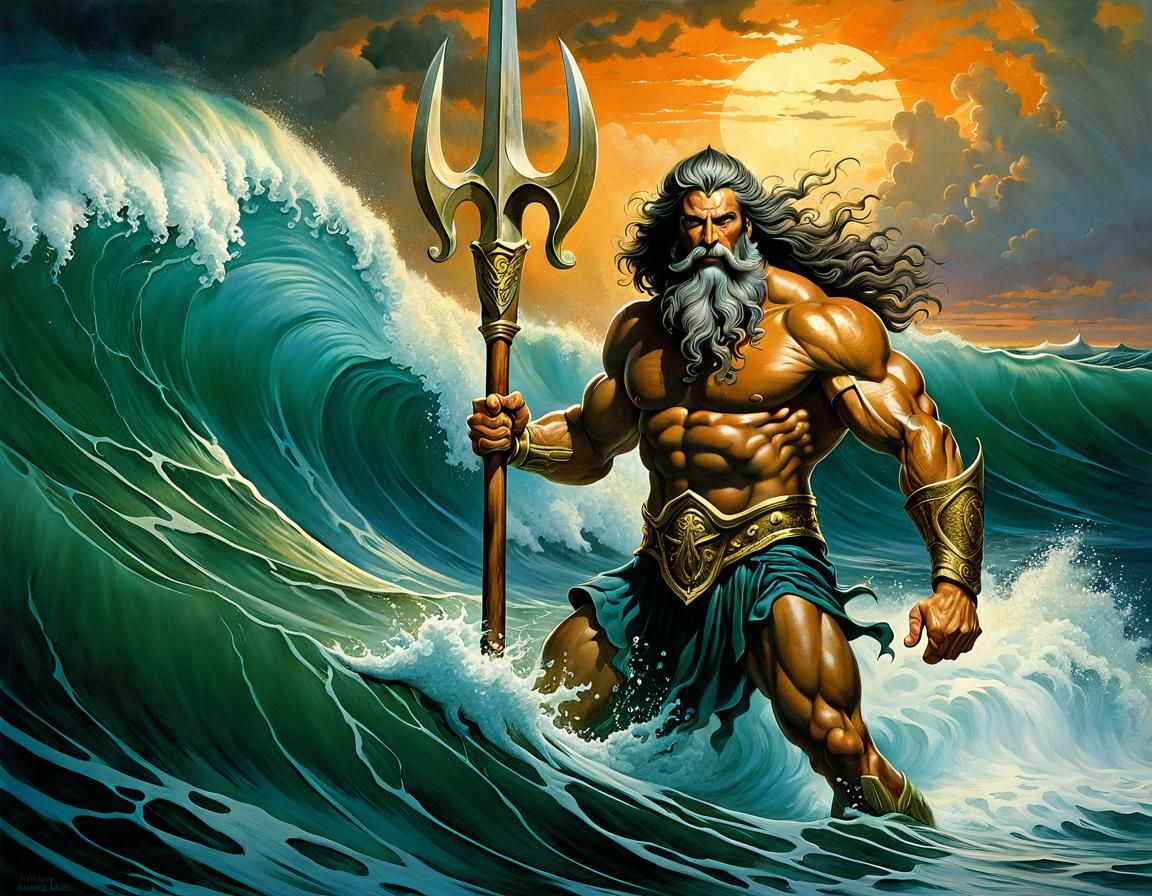 Poseidon Commands the Waves in Digital Matte Painting