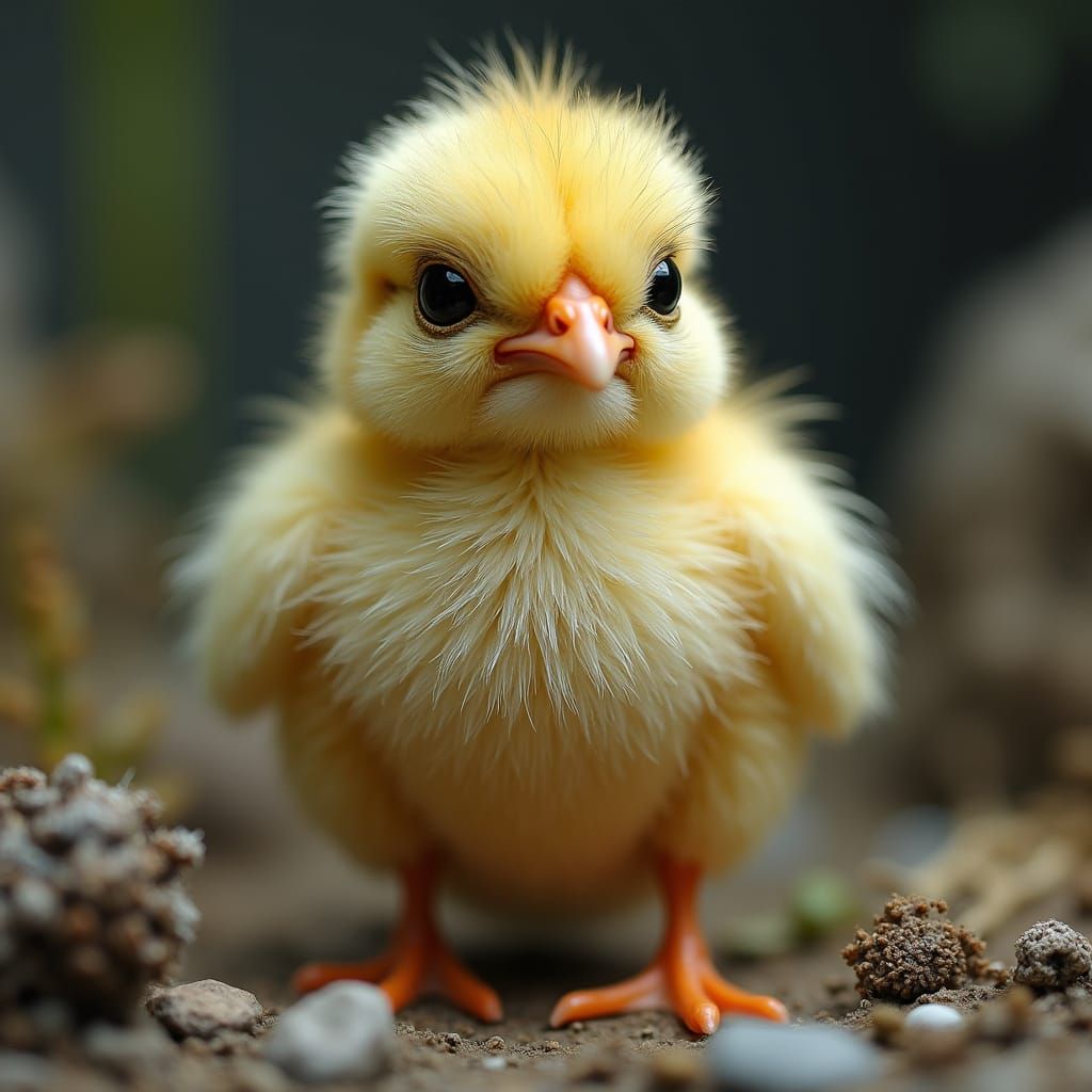 Hyperrealistic Grumpy Chick in Surreal Miniature Landscape