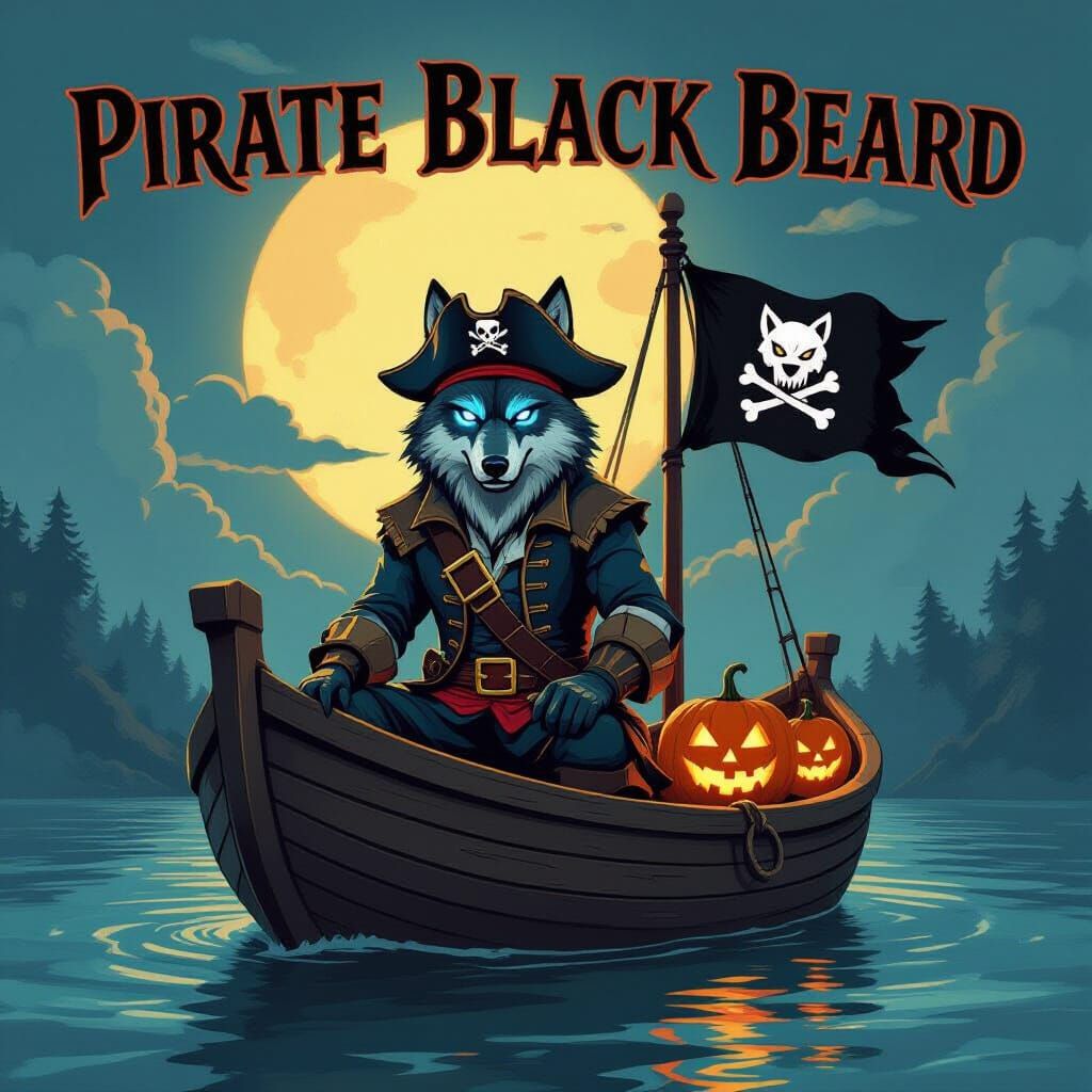 Fierce Wolf Pirate on Boat with Pumpkin Light