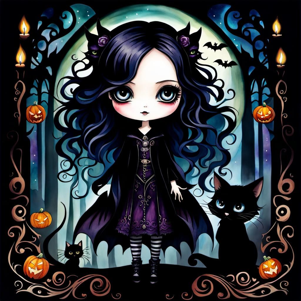 Creepy Gothic Chibi Doll in Watercolor and Mixed Media