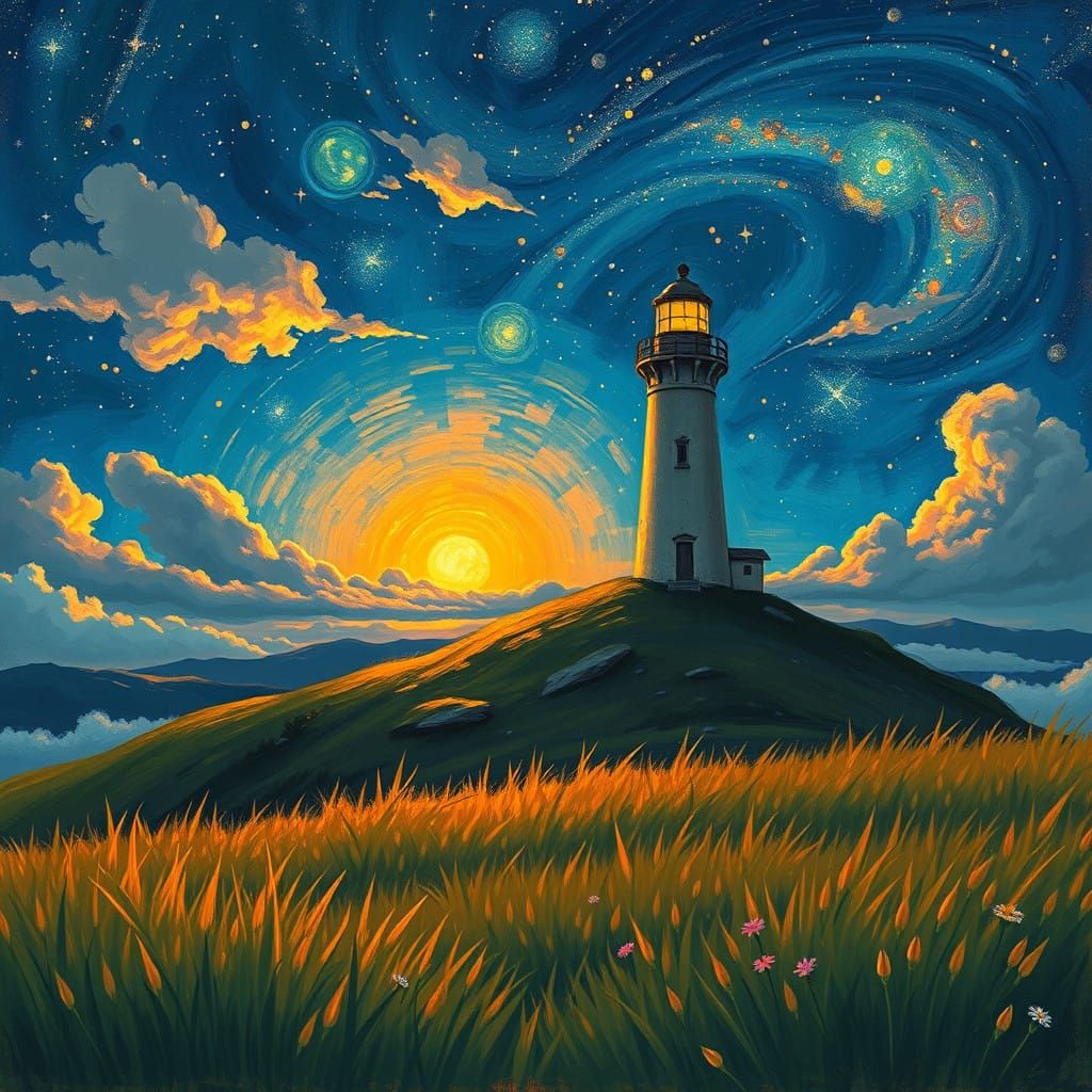 Serene Lighthouse Under Starry Night Sky