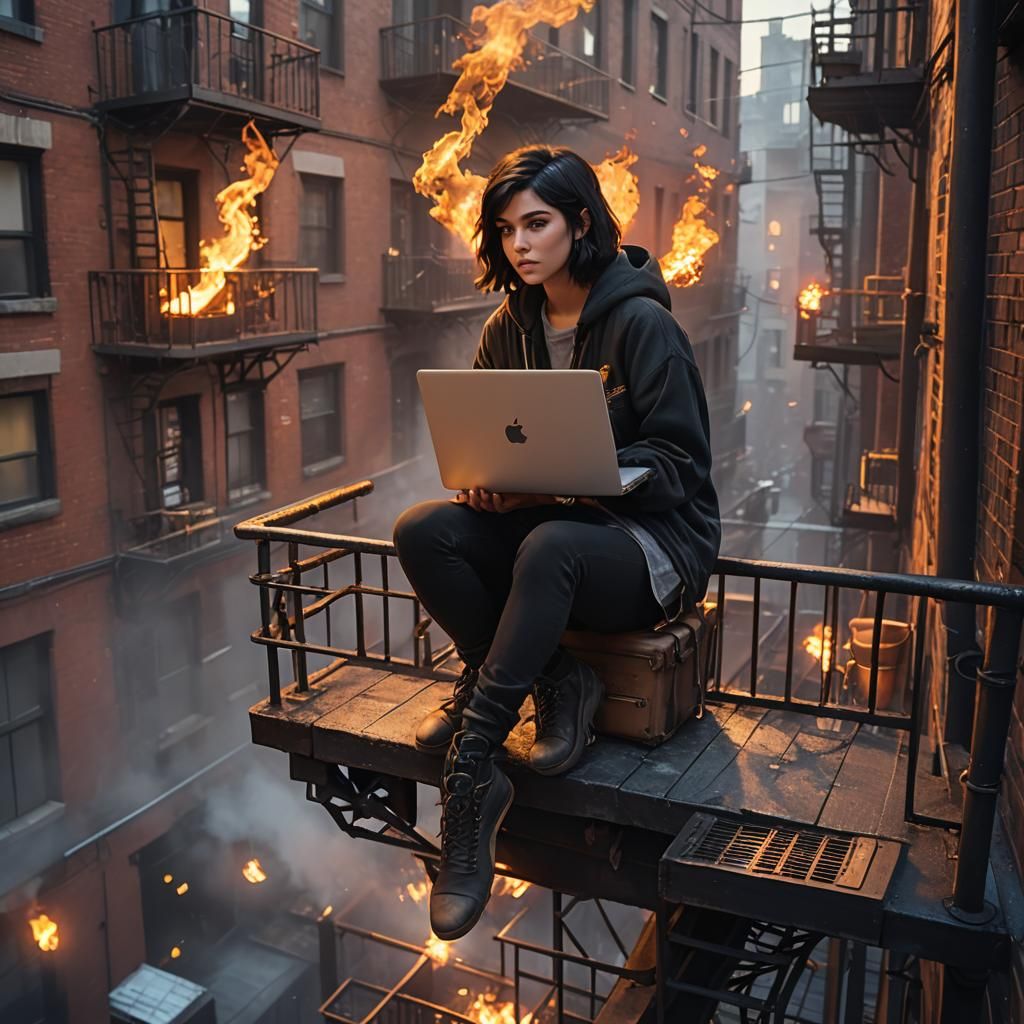 Cinematic Fantasy Girl on Fire Escape, Vibrant Colors