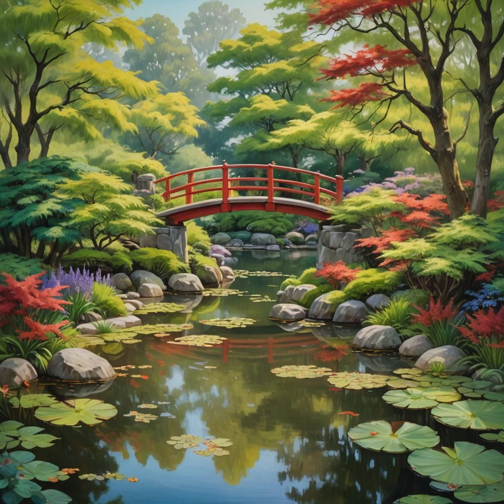 Serene Japanese Garden in Impressionist Oil Painting
