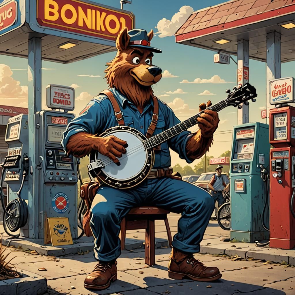 Cartoon Hero Plays Banjo in Comic Art Style