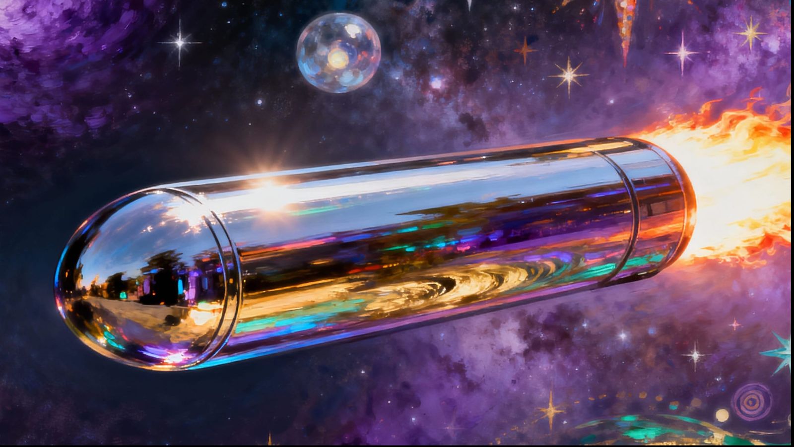 Cosmic Cylinder Rockets Through Surreal Galaxy