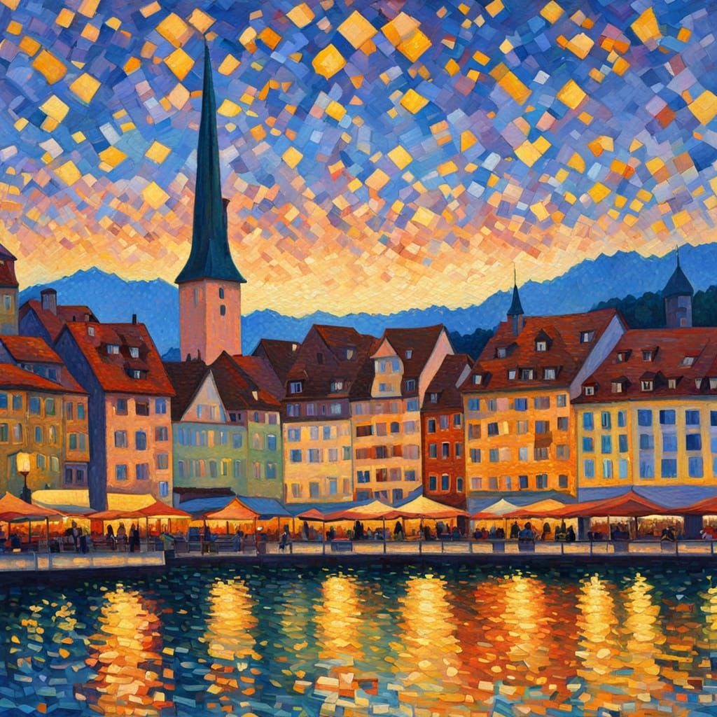 Lucerne Cityscape in Neo-Impressionist Oil Painting