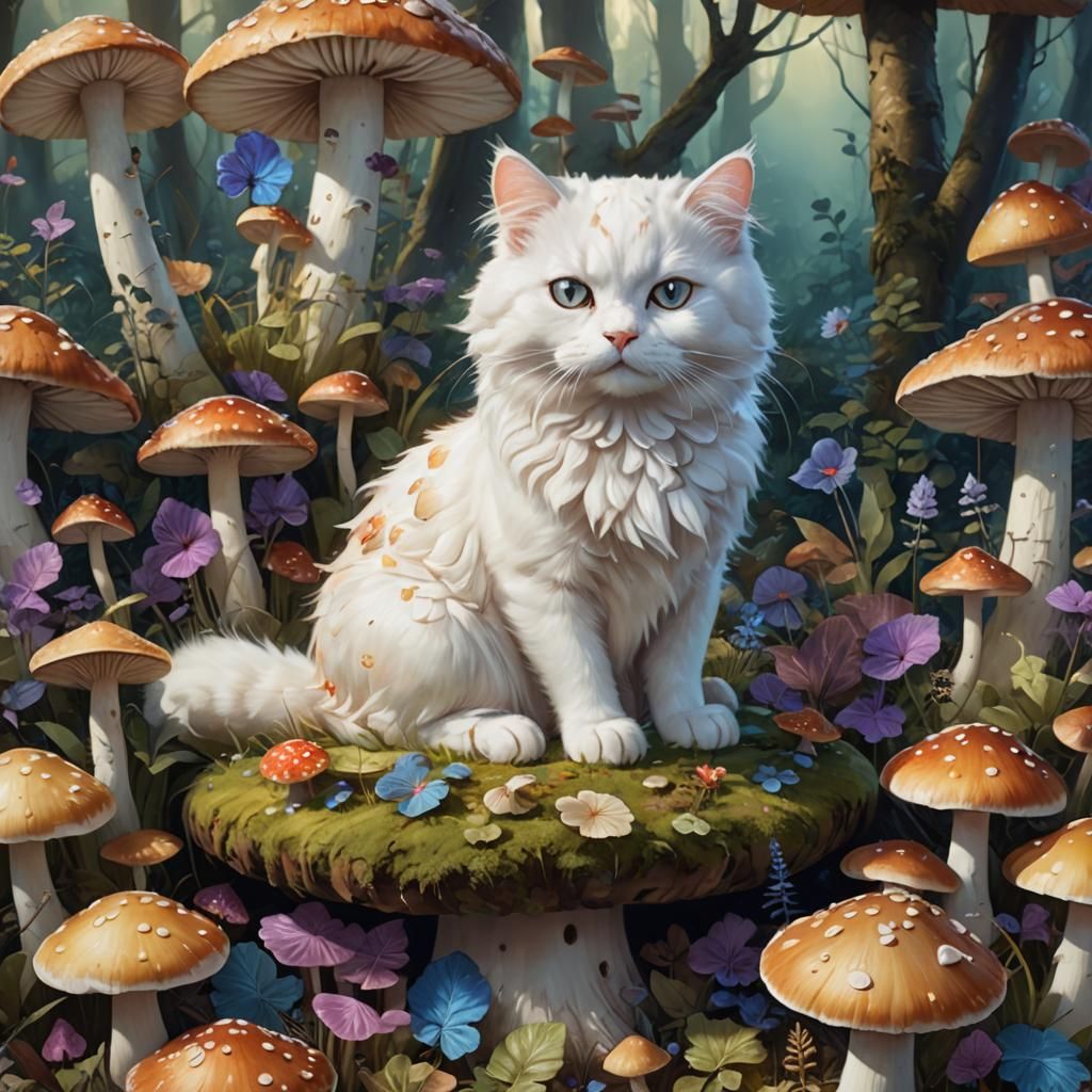 Whimsical Cat on Toadstool in Fantasy Art Style