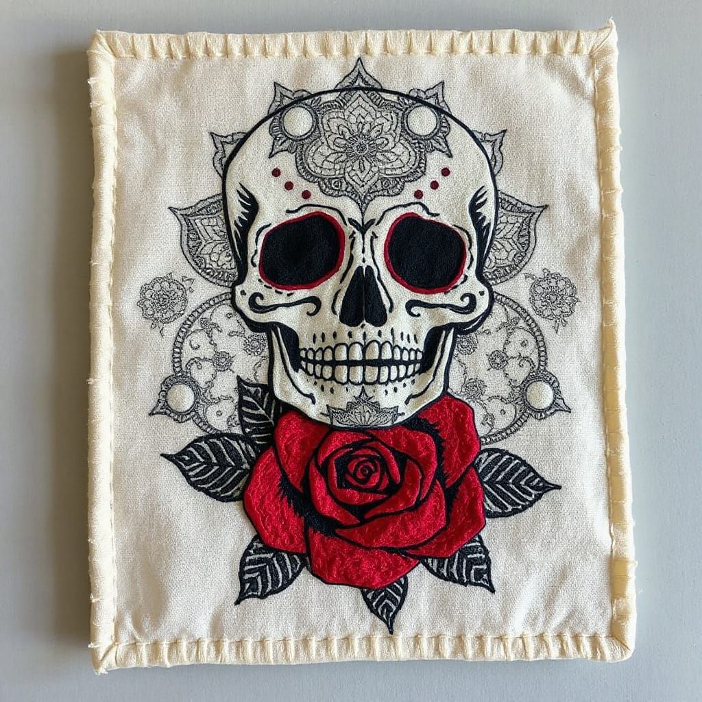 Intricate Zentangle Skull and Rose Textile Art