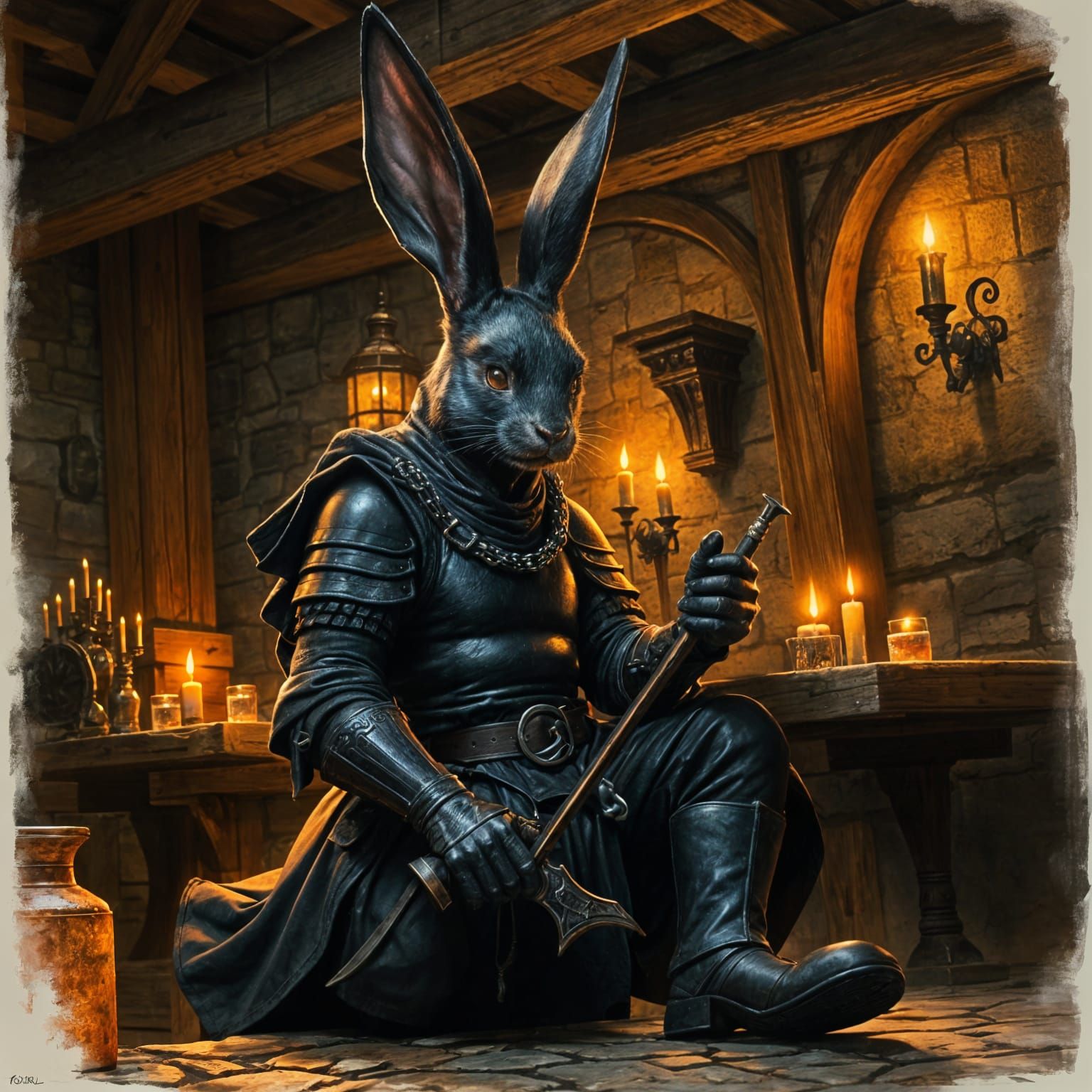 Black Rabbit Bard in Tavern, High Fantasy Art