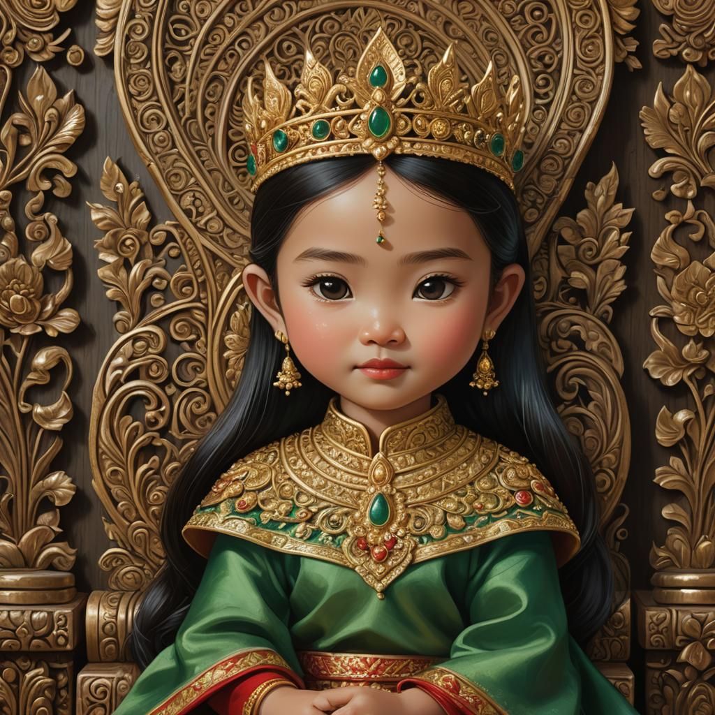 Thai Princess on Ornate Throne in Emerald and Crimson