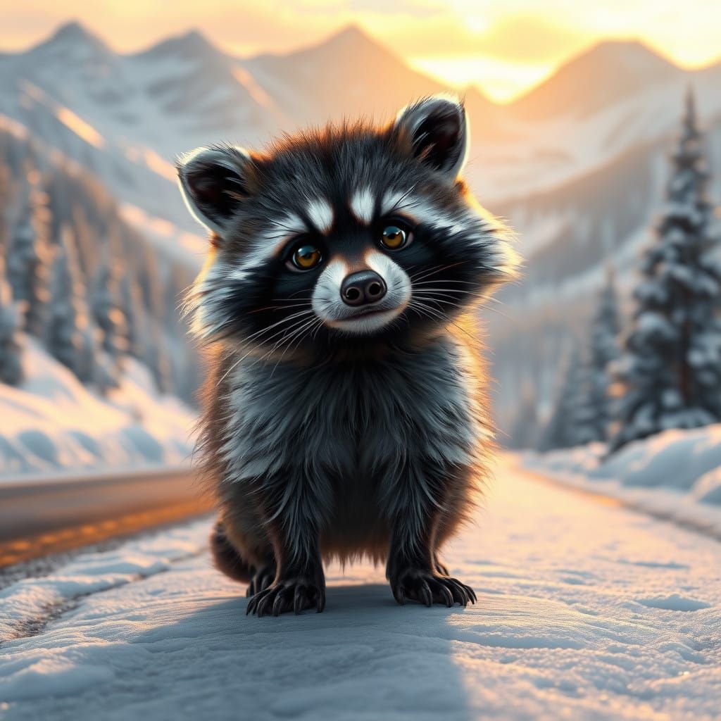 Hyperrealistic Winter Raccoon in Golden Hour Landscape