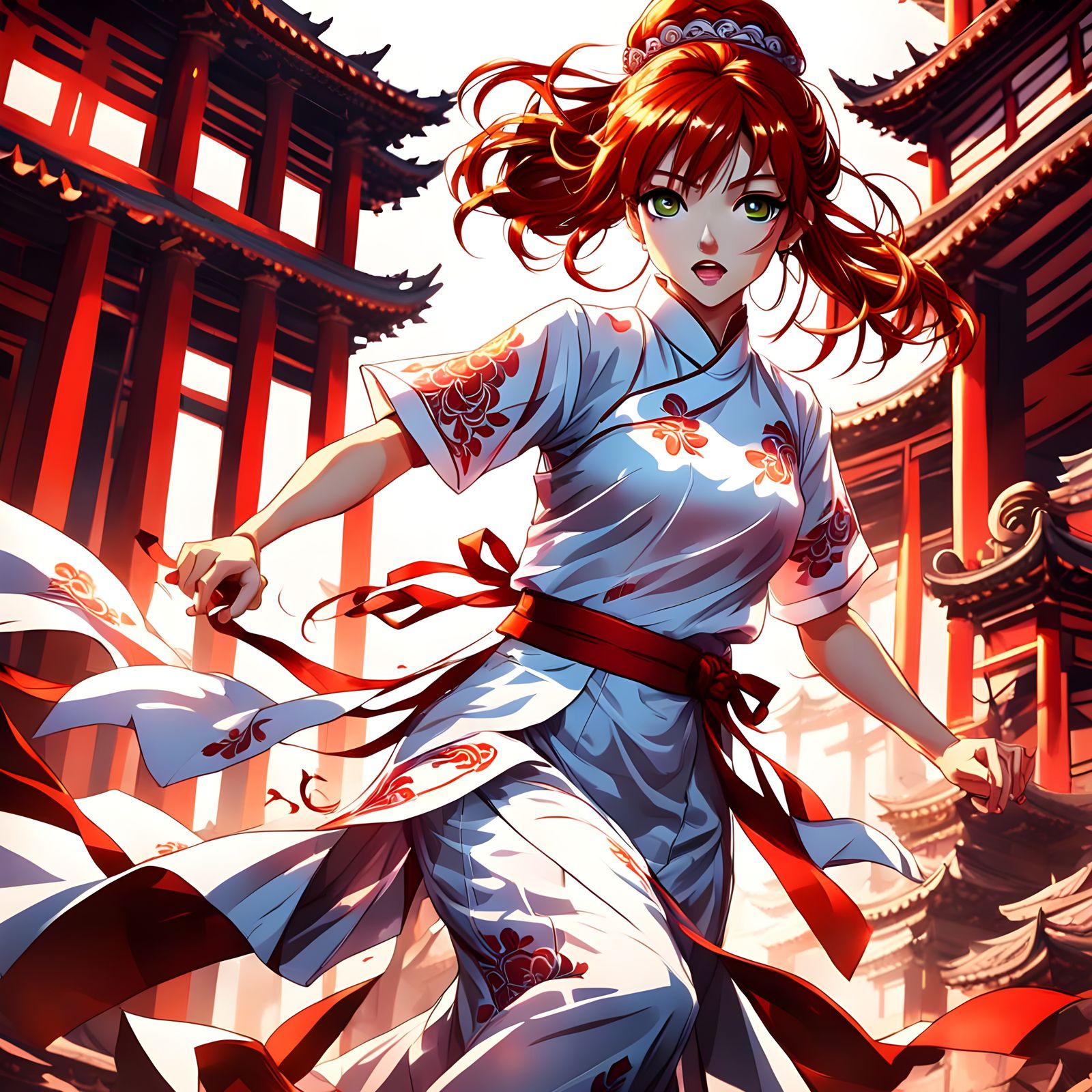 Red-Haired Anime Girl Fighting at Chinese Temple
