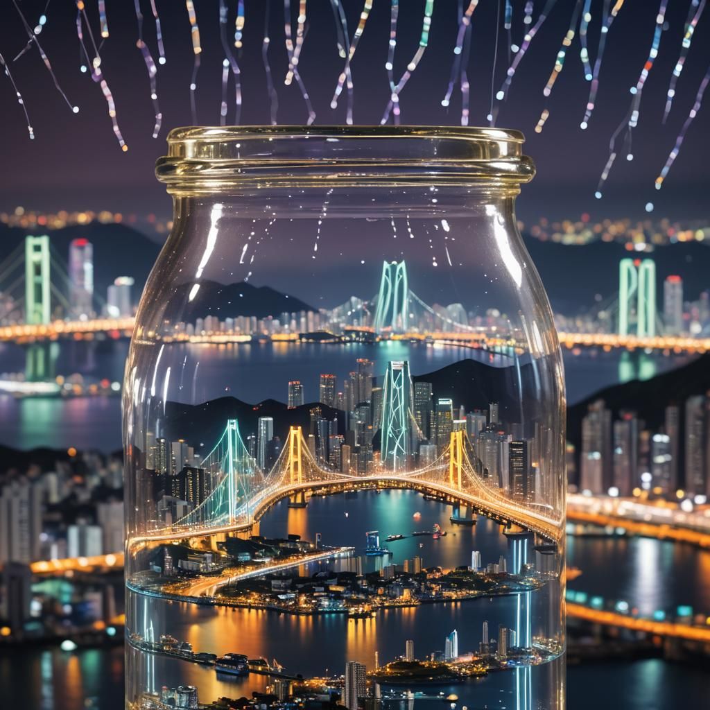 Gwangan Bridge in Busan under a night sky, encapsulated within a transparent glass bottle.