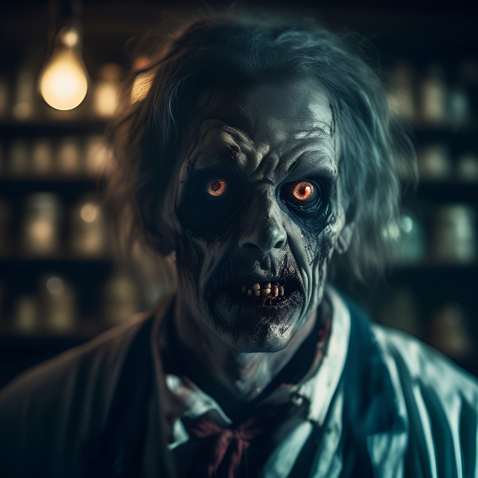 Sinister Zombie Chemist in Dark, Cinematic Lighting