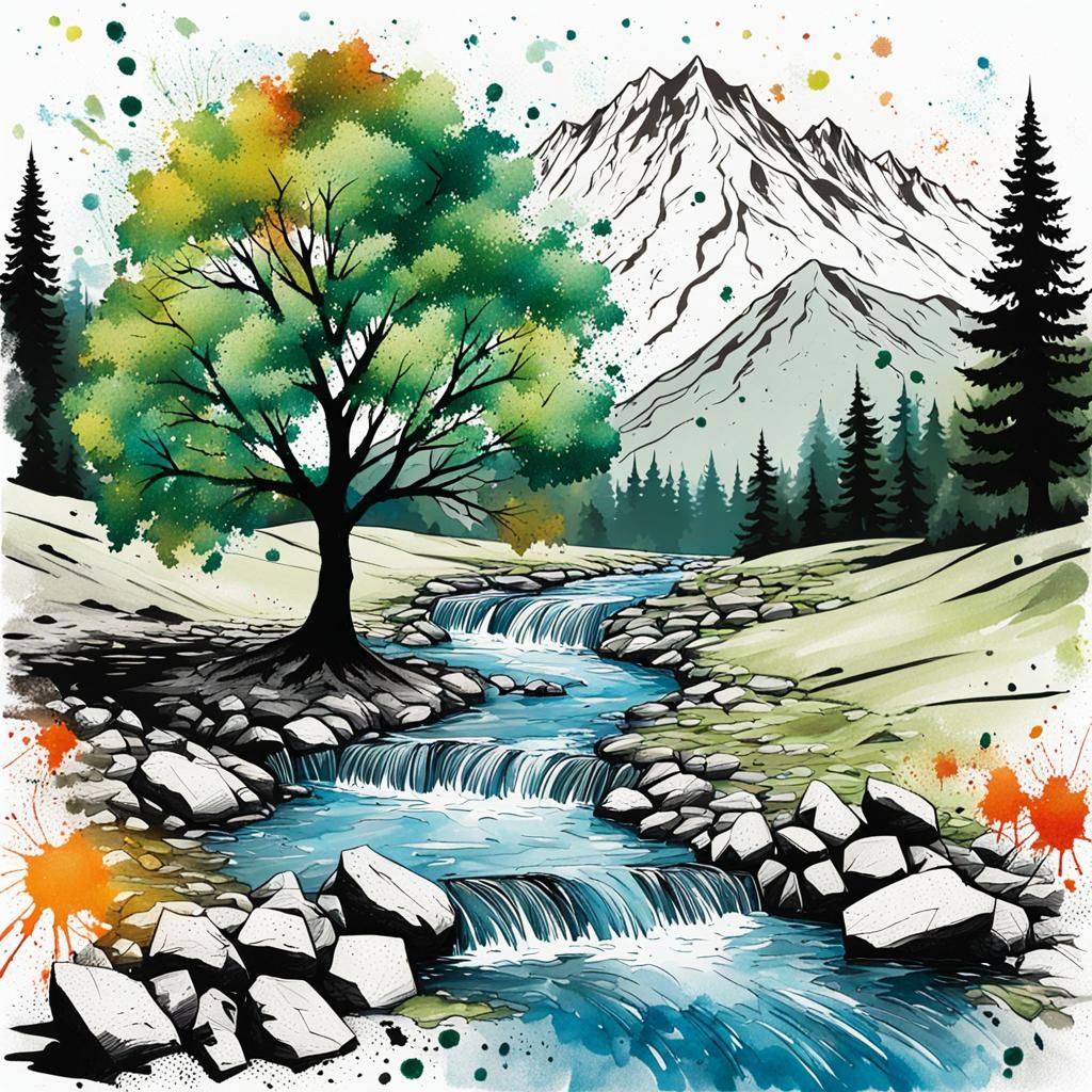 Ink Splatter Art: Tree by a Stream