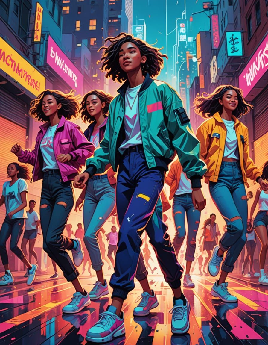 Energetic Street Dance Concept Art in 80s Style