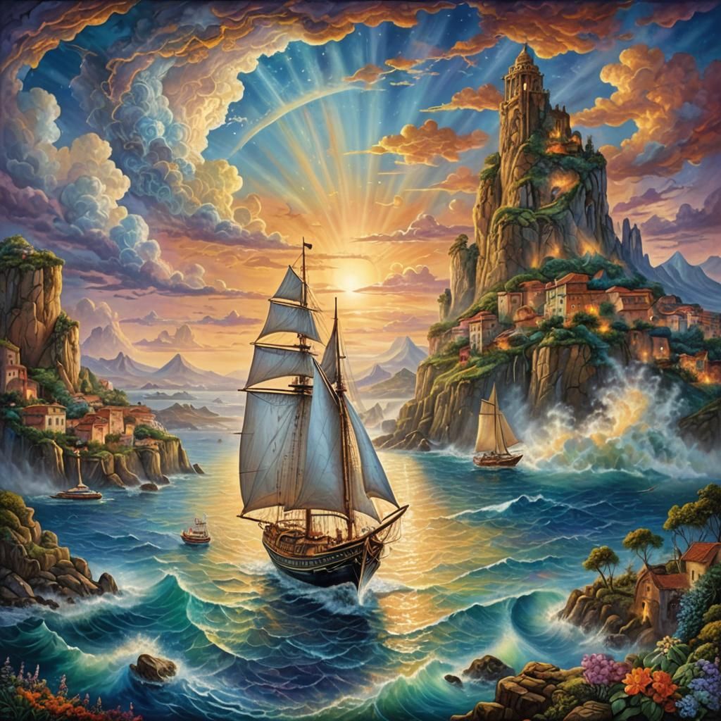 Futuristic Sailboat on Mystical Mediterranean Island