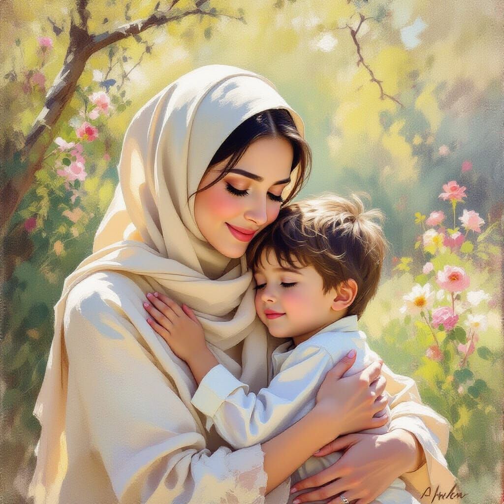 Impressionist Painting of Mother Hugging Son