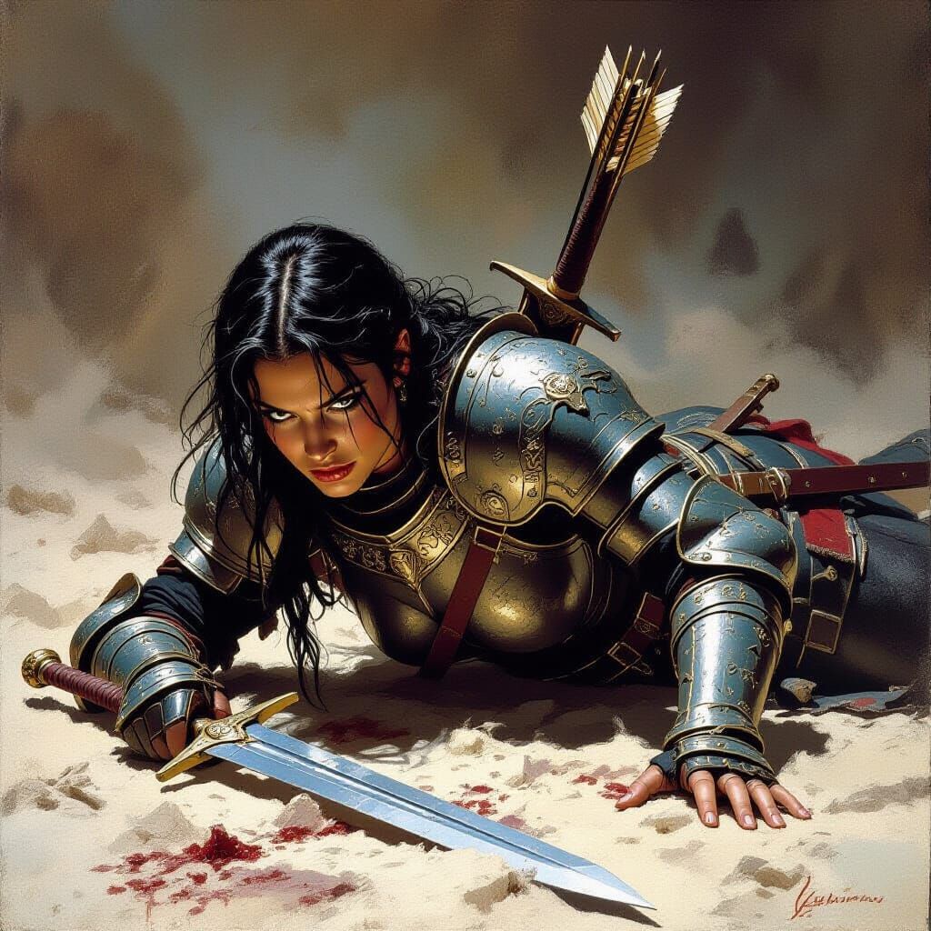 Fallen Woman Warrior on Battlefield as Comic Art
