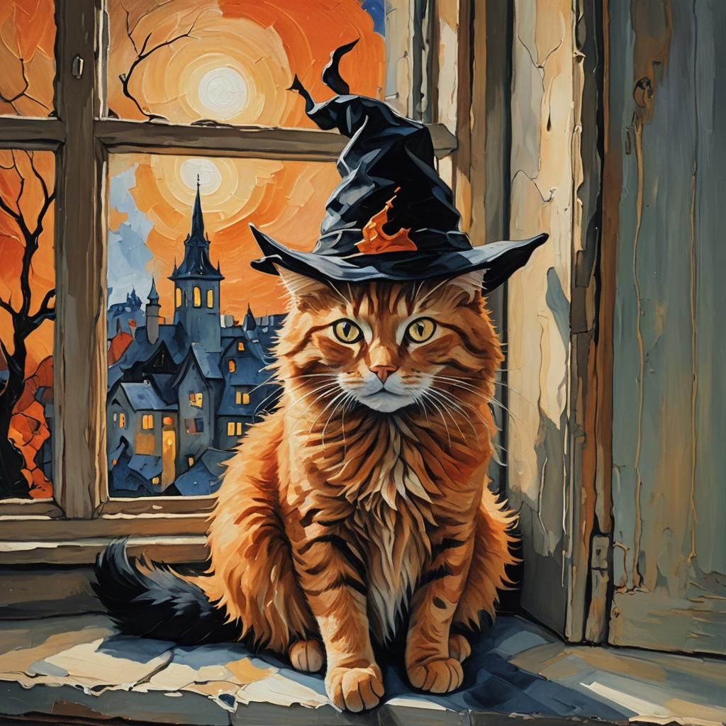 Orange Cat in Witch Hat, Whimsical Oil Painting