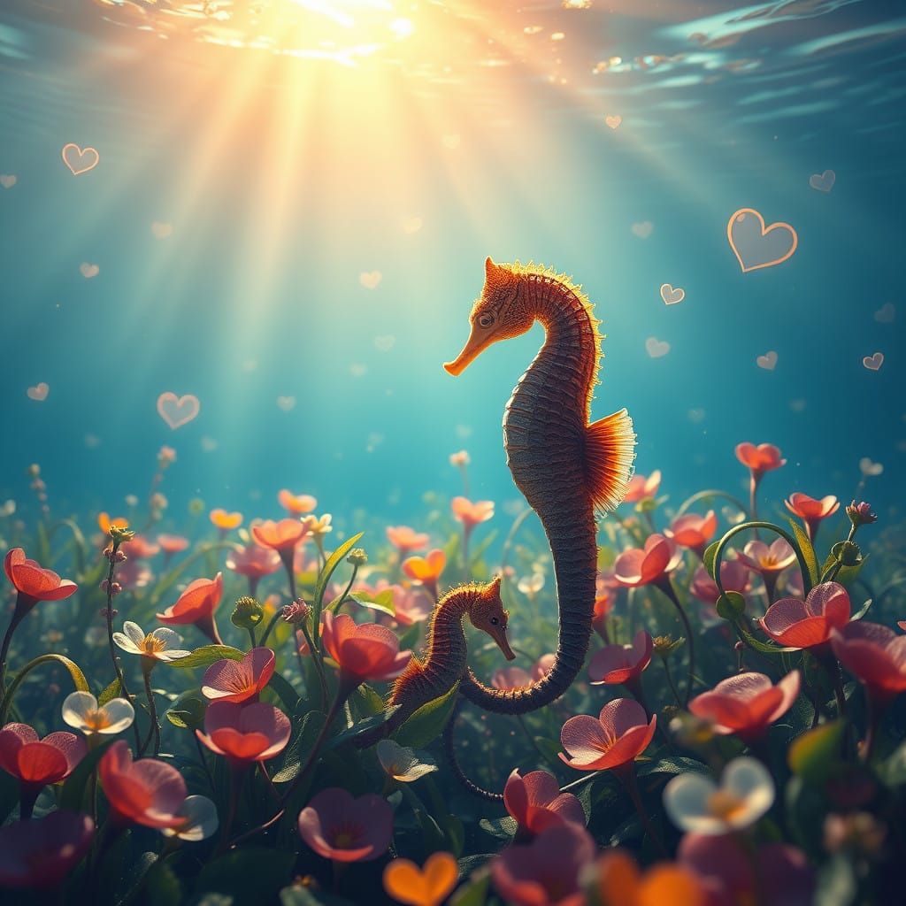 Tender Seahorse Couple Amidst Vibrant Seagrass Ocean