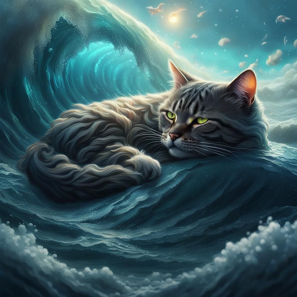 Cat Nap Under Ocean Wave: Fantasy Concept Art