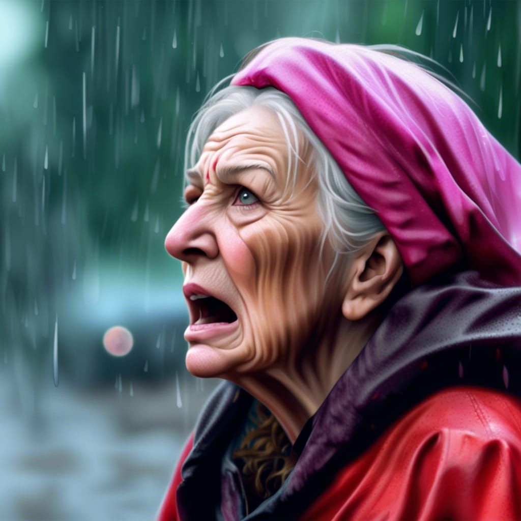 A Beauty Old woman is angry against a ruthless maniac and persecutor killer, screams and cries desperately, rain and wi...