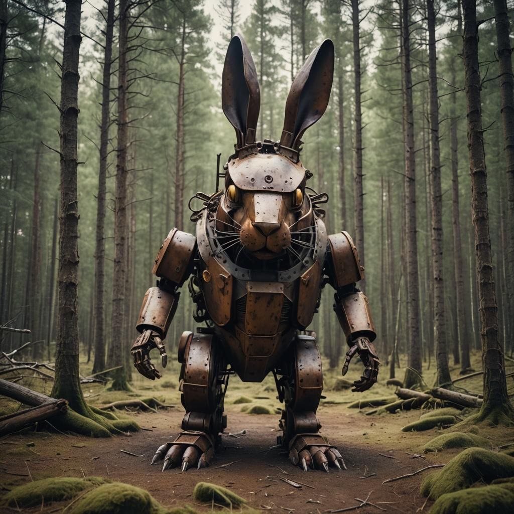 Mechanical Rabbit in Swedish Forest, Cinematic Still