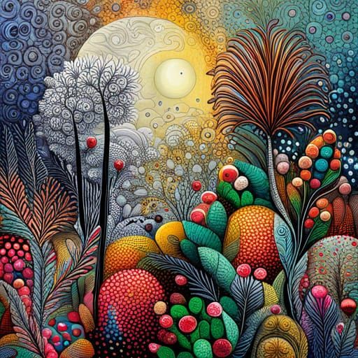 Fantasy Garden Mixed Media Painting with Abstract Patterns