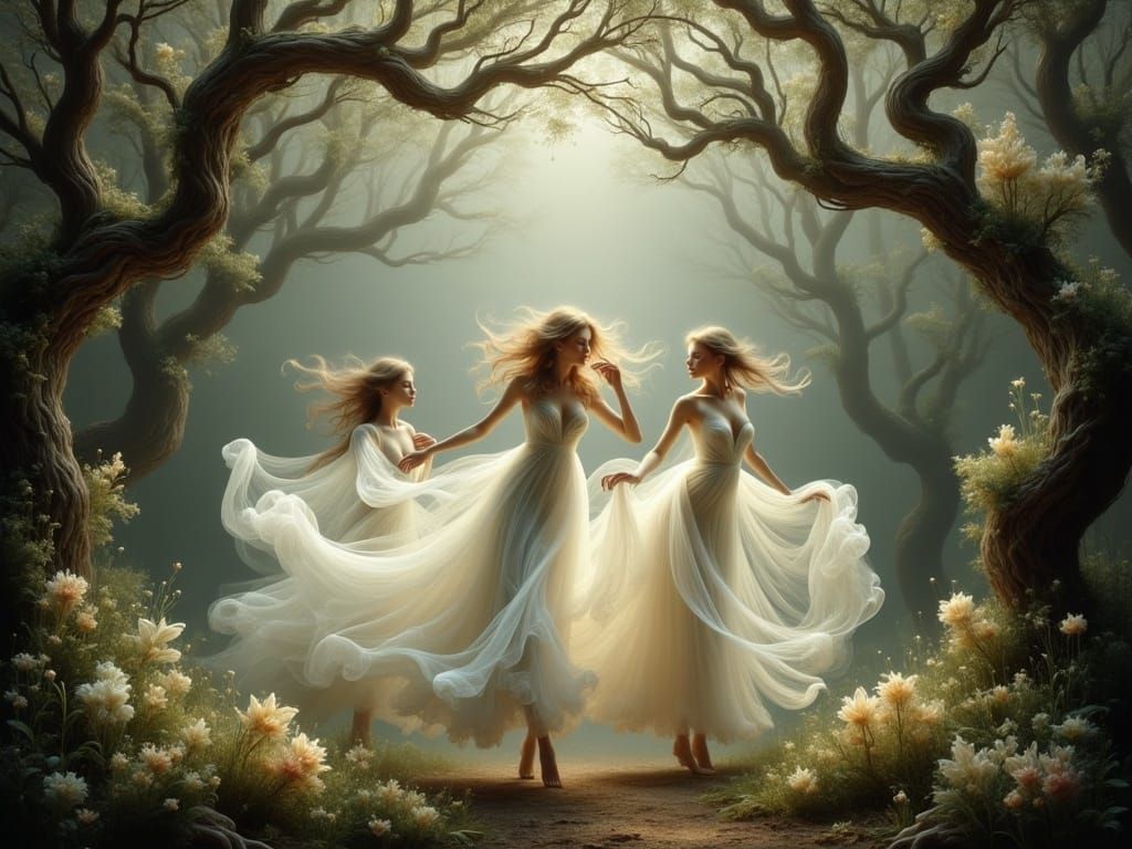 Ethereal Girls Dancing in Mystical Forest, Art Nouveau