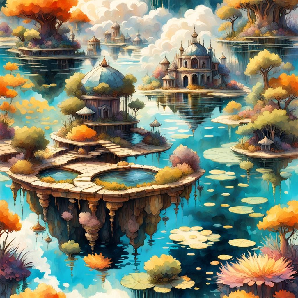 Floating Island Oasis in Colorful Fantasy Realism
