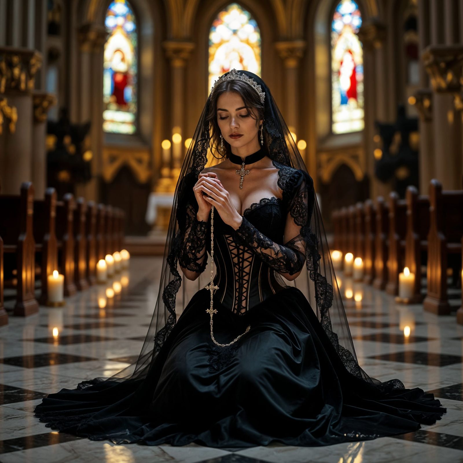 Gothic Woman Praying at Cathedral Altar
