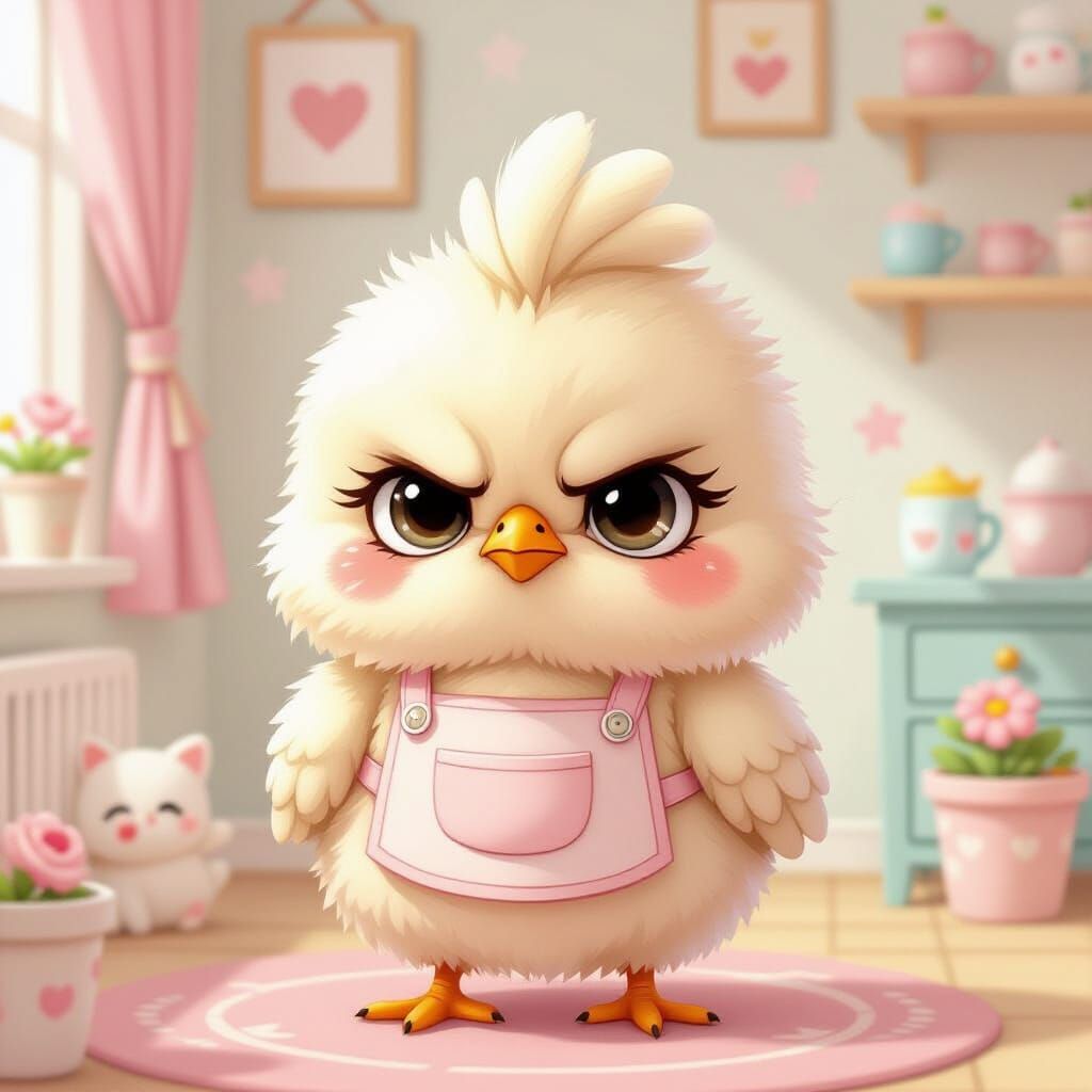 Grumpy Cartoon Chick in Kawaii Setting
