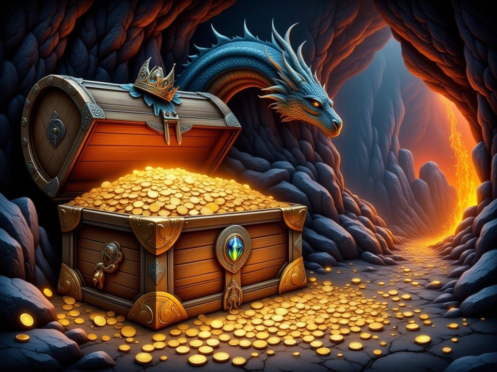 Dragon Guarding Treasure in Firelit Cavern