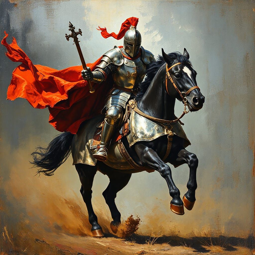 Medieval Knight Charges Forward: An Impasto Oil Painting